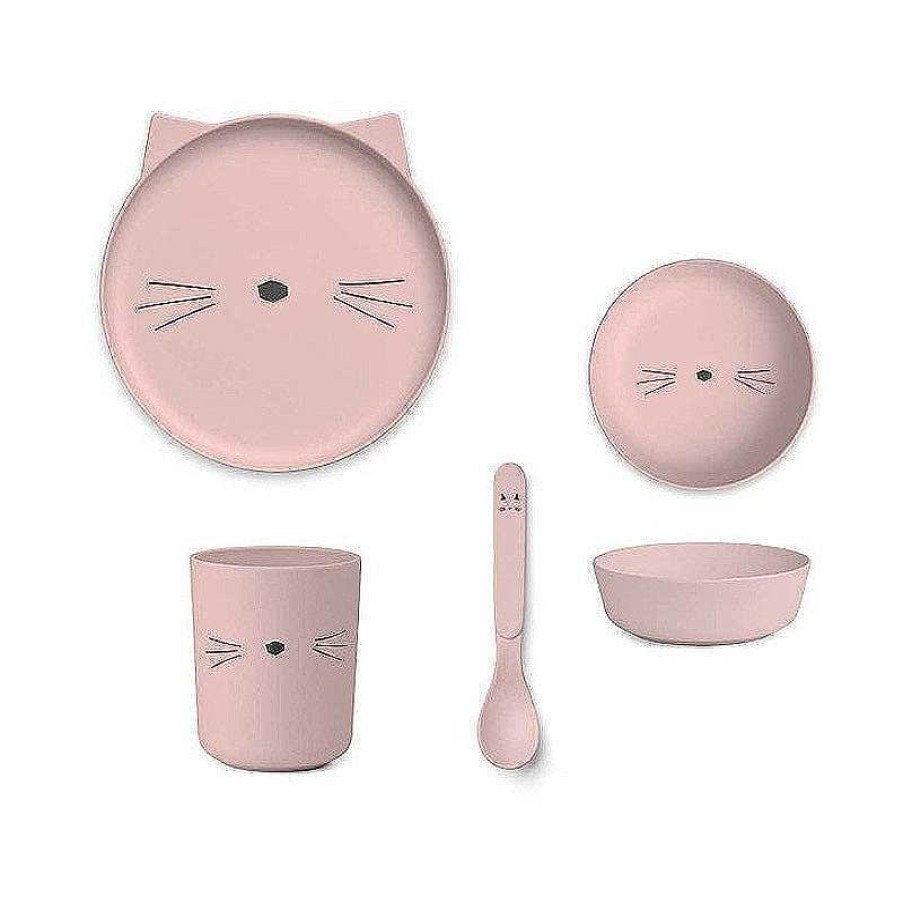 Kids Liewood Coffrets Repas | Set De Vaisselle En Bambou - Chat Rose